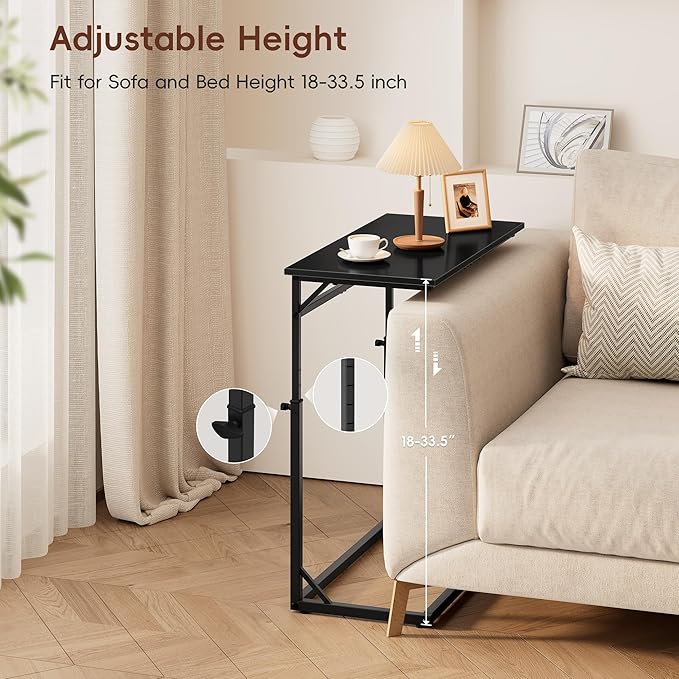 Vagusicc C Shaped End Table, 33"Tall Side Table for Couch, C-Table Sofa Table Adjustable Height Side Table, Large Surface Slide Under Couch Table, Coffee Table TV Tray for Living Room, Bedroom, Black
