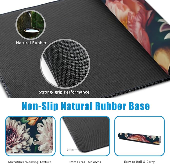 Vintage Beautiful Flowers Desk Mat,Large Gaming Mouse Pad,Non-Slip Rubber Base Desk Pad with Stitched Edges for Desk Office Home Decor 35.4X15.7 Inch