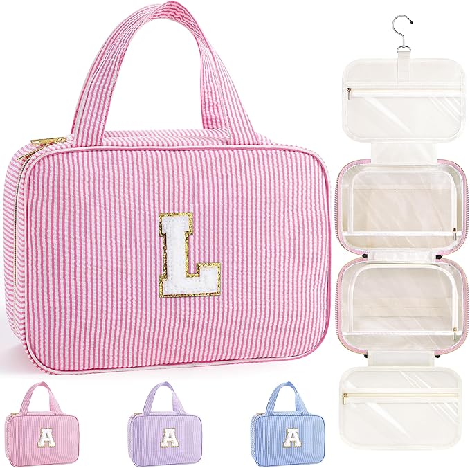 TOPEAST Christmas Gifts for Women Teen Girls Kids - Travel Hanging Toiletry Bag, Personalized Initial Toiletry Pouch, Birthday Gifts for Women Mom Daughter Sister Friends, Cruise Essentials, Pink L