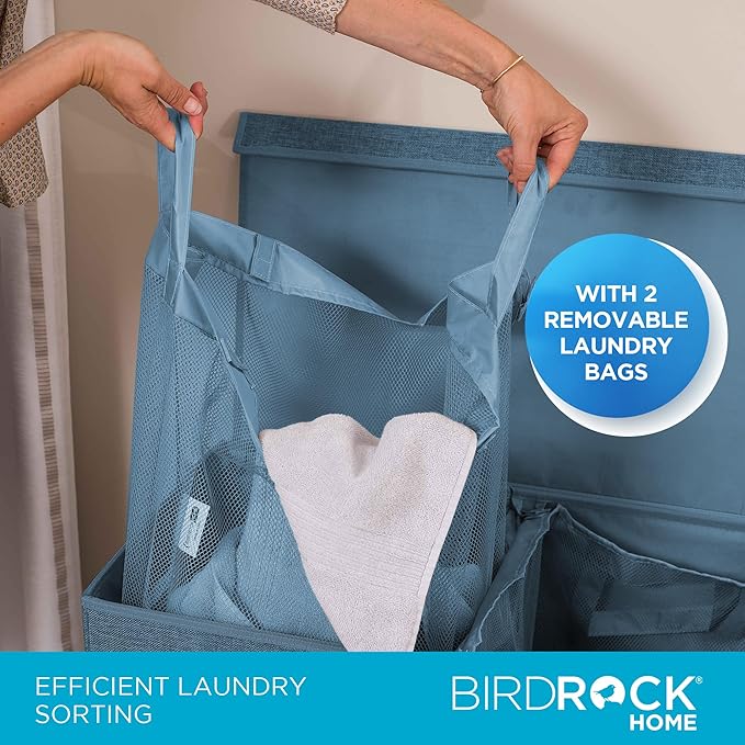 BIRDROCK HOME Laundry Hamper with Lid | Removable Bags for Sorting Clothes | Sectioned Laundry Basket for Bedroom & Bathroom | Collapsible Storage Bin with Cover | Double, Light Blue