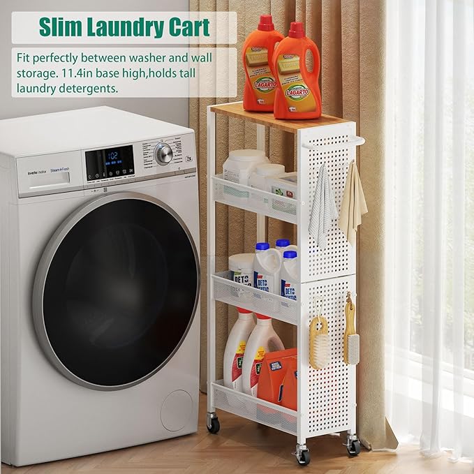 Slim Rolling Storage Cart with Wheels, 4-Tier Metal Utility Cart with Handle & Wood Top, Small Mobile Organizer Shelf Unit for Laundry Room, Kitchen, Bathroom, Office, Narrow Space