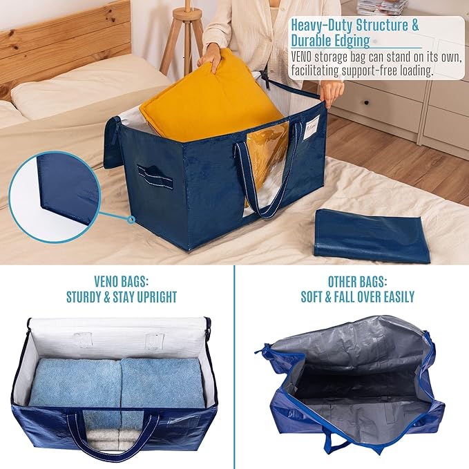VENO 2 Pack Moving Bags, Comforter and Blanket Storage Bags for Closet, Moving Boxes, Boxes with Lids Alternative, College Dorm Packing Supplies, Foldable Heavy-Duty Tote with Window (Blue, 2 Pack)
