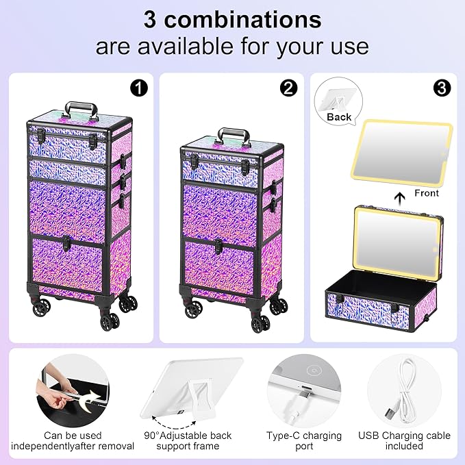Rolling Makeup Case with Lighted Mirror, Makeup Train Case with Large Drawer, Cosmetology Case, Travel Makeup Organizers, Professional for Salon Barber, Nail, Tattoo, Multicolor Purple