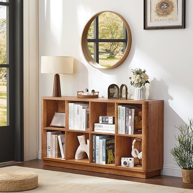 8 Cube Storage Book Shelf, 52" Long Horizontal Bookshelf with Curved Edge, Floor Standing Wooden Cubby Bookcase with Base, Low Modern Console Book Case, TV Stand for Living Room, Brown