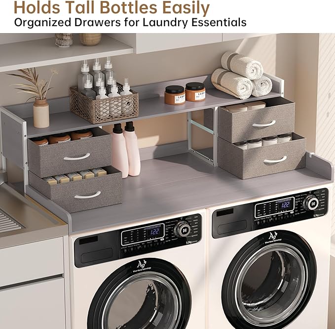 4 Drawers Washer Dryer Countertop with Shelf, 27.5" D x 54" W Laundry Topper with 3.54" High Guardrails and Non-Slip Pads,Extra Storage Organizer for Over Washer and Dryer, Holds 66 Lbs, Light Grey