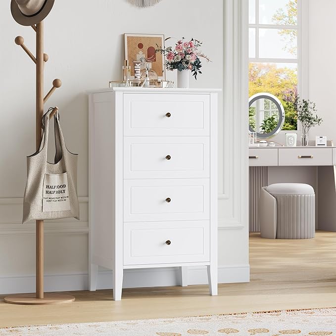TTVIEW 4 Drawer Dresser, White Dresser Antique Chest of Drawers with Solid Frame, Tall Wood Storage Chest Cabinet for Living Room, Bathroom, Entryway, White