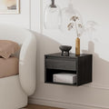 Mid Century Modern Floating Nightstand, Wall Mounted End Table with Drawer and Open Compartment Wooden Bedside Night Stand Small Storage Cabinet for Bedroom, Black