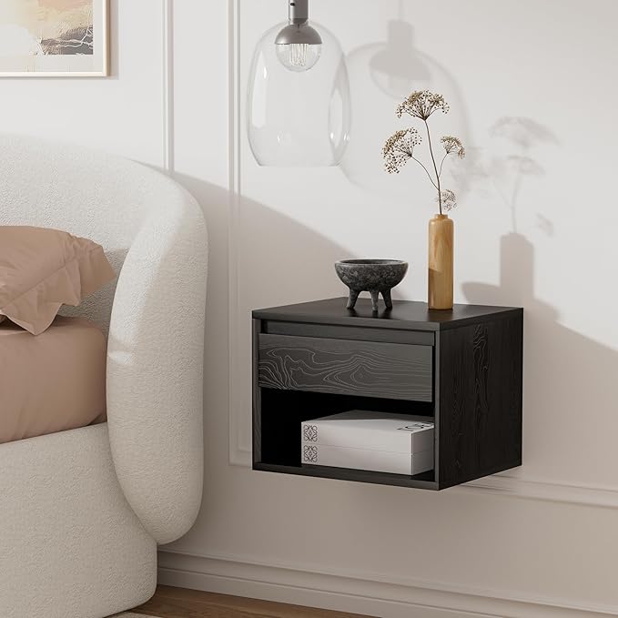 Mid Century Modern Floating Nightstand, Wall Mounted End Table with Drawer and Open Compartment Wooden Bedside Night Stand Small Storage Cabinet for Bedroom, Black
