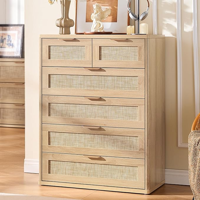 LEYAOYAO Rattan Dresser for Bedroom, 42" Tall Chest of Drawers, Modern 6 Drawers Boho Dressers with Storage, Light Oak Dresser Wooden Closet Organizer for Living Room, Hallway, Natural Wood