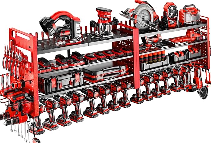 66" W Super Large Power Tool Organizer Wall Mount,Heavy Duty Cordless Tool Organizer with 18 Drill Holder,600 Lbs Capacity 4-Layer Garage Organization for Garage and Workshop (Red)
