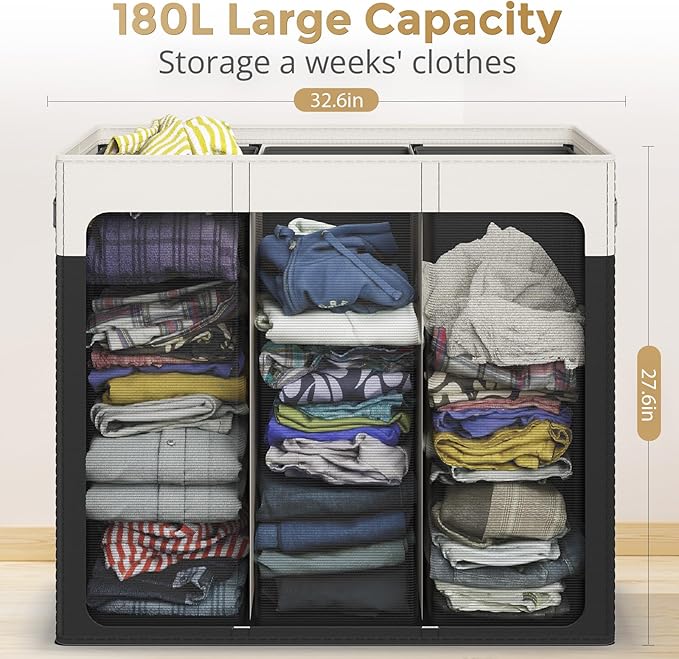 180L Laundry Hamper 3 Section, Large Laundry Basket with Lid, Laundry Basket Organizer with Handles, Divided Clothes Hampers for Laundry, Bedroom, Bathroom, White & Black