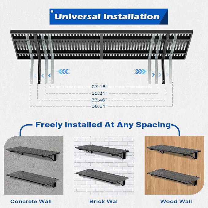 EROMMY 2-Pack 1.64x4ft Garage Shelving with 500lbs Capacity, Shelving Wall Mounted Metal Floating Storage System-Garage Shelves Heavy Duty with 6 Hooks for Basement Organization