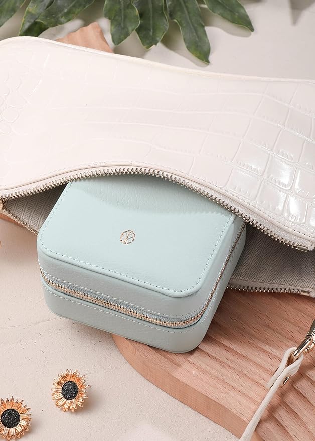 S.Leaf Travel Jewelry Organizer Boxes for Women Small Portable Necklace Earrings Bracelet Rings Travel Case Best Friend Birthday Gifts for Women Trendy (02_Lychee_Haze_Blue)