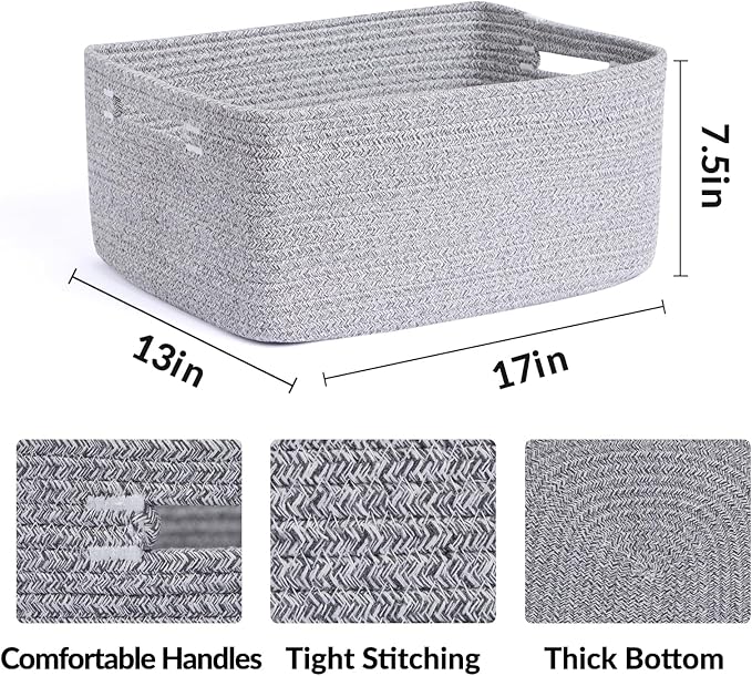 Large Storage Baskets for Shelves, Closet Organizers Bins for Clothes Blanket Towels, Baby Nursery, Toy Baskets Box, Woven Rope Baskets, 17 x 13 x 7.5”, 2 Packs Mixed Grey