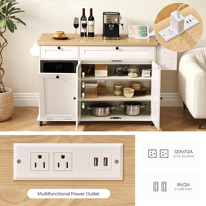 60.2" Kitchen Islands with Storage, Kitchen Island Cart with Trash Can Storage Cabinet, Rolling Kitchen Island Table with Drop Leaf & Power Outlet & Spice Rack & Towel Rack & Knife Holder, White