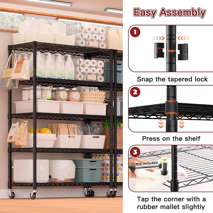 PrimeZone 74''H Wire Shelving 1250lbs 5 Tier Storage Shelves with Wheels NSF Certified Heavy Duty Steel Metal Shelf Adjustable Rolling Rack Kitchen Garage Closet Pantry Laundry 74''HX36''WX14''D