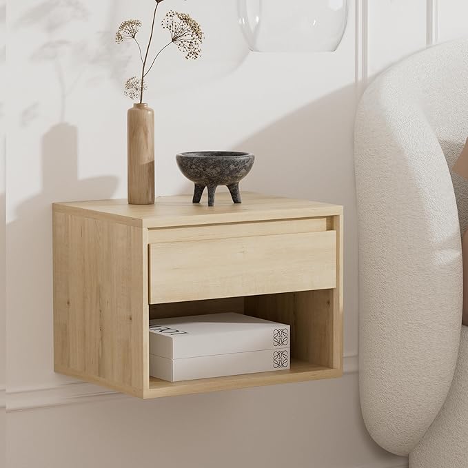 Floating Nightstand, Wall Mounted Bedside Table with Storage Drawer and Open Shelf, Modern Night Stand withHandless Design for Living Room, Bedroom, Dorm, Light Oak