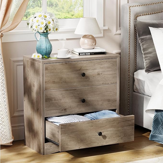 Nightstand, Bedside Tables, Farmhouse Wood Night Stand with 3 Storage Drawers, Small Wooden Dresser Chest of Drawers Bedside Cabinet for Bedroom Small Spaces, Gray