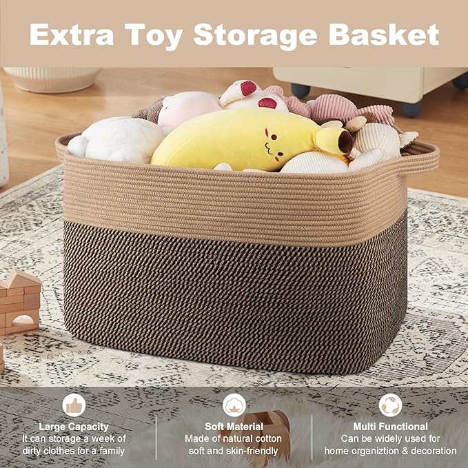 XXXL Supre Large Blanket Basket for Clothes, Towels, Pillows, 108L Cotton Rope Storage Basket for Living Room, Supre Large Woven Toy Storage for Kids, 25" x 16" x 16", Brown and Black