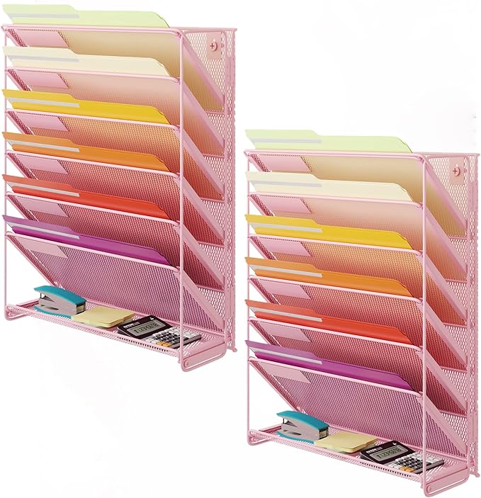 Kuntine.B Wall File Organizer Hanging Magazine Holder (Pink, 7 Tier 2 Pack)