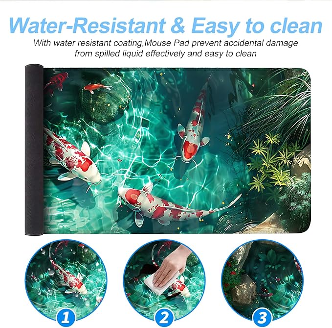 Koi Fish Mouse Pad XXL – Large Japanese Pond Desk Mat with Water Reflection, Extended Non-Slip Gaming Mousepad for Office, Home, Laptop, Workstation, 31.5 x 11.8 in