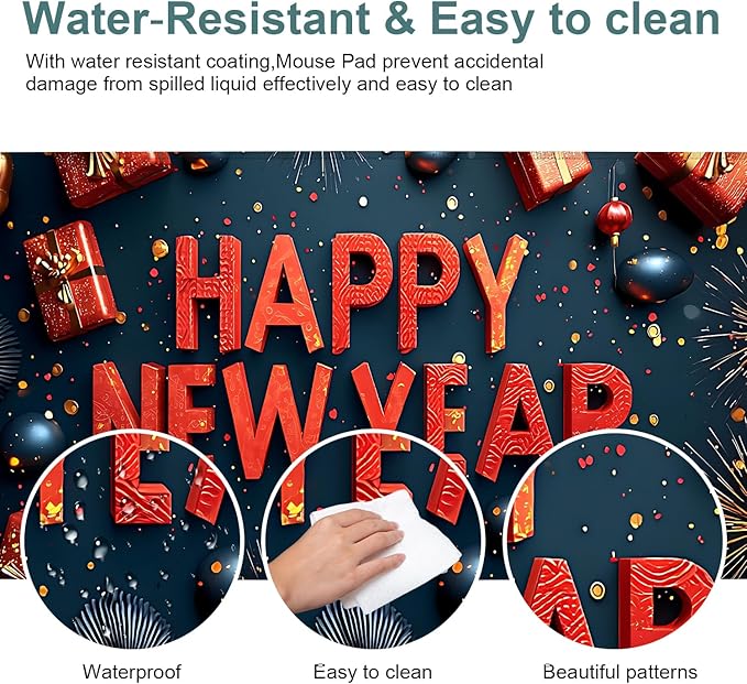 Happy New Year Gaming Mouse Pad 31.5"x11.8"Desk Mat Anti-Slip Rubber Base & Durable Stitched Edges for Gamers Smooth Mouse Writing Surface for Desk Office/Home