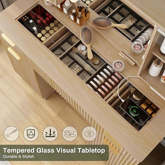 ONME Makeup Vanity Desk with Lights, Natural Wood Fluted Vanity with Tempered Glass Top, Adjustable Shelves, Drawers & Power Outlet, Modern Dressing Table Perfect for Small Bedroom or Apartment