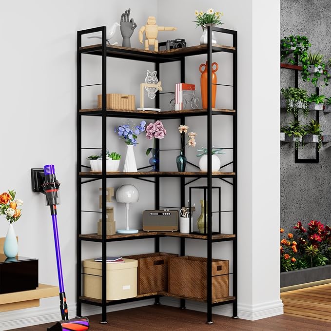Corner Bookshelf, 69" Tall L-Shaped Bookcase for Home Office, Living Room, Bedroom - Space-Saving Storage Shelf with Metal Frame, Modern Wood & Industrial Design