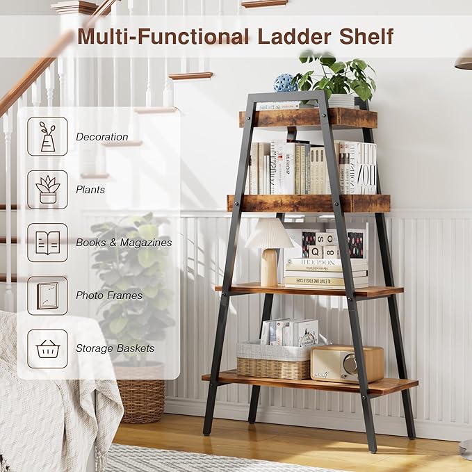 VECELO Ladder Shelf, 4-Tier Bookshelf with Enclosed Edges Design, Wooden Storage Rack Freestanding Bookcase for Living Room Home Office, Brown