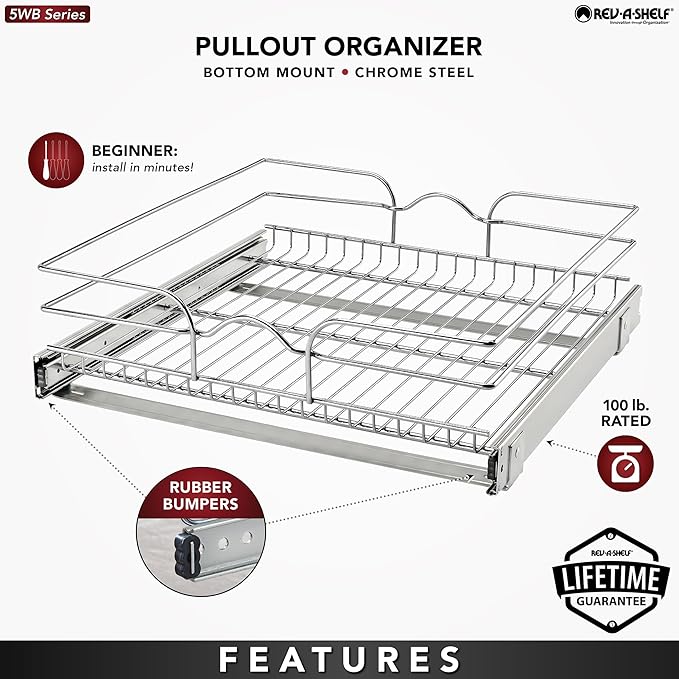 Rev-A-Shelf Kitchen Cabinet Pullout Shelf and Drawer Organizer Slide Out Pantry Storage Basket in Multiple Sizes, 21 x 20 In, 5WB1-2120CR-1