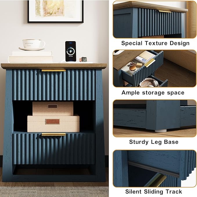 HIFYOBRO Fluted Nightstands Set of 2 with Charging Station & Motion Sensor Light, Modern Bedside Tables with 2 Drawers and Storage Shelf for Bedroom, Blue