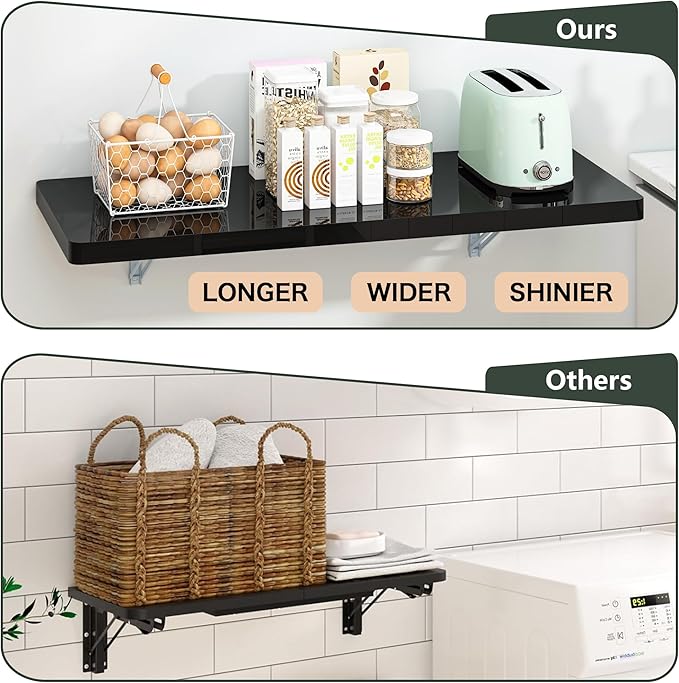 Clikuutory Wall Mounted High Gloss Folding Table 39.4" L x 19.7" W, Laundry Folding Table for Laundry Room, Home Office, Kitchen, Bedroom, Home Bar, Wall Desk Fold Down for Small Spaces, Black