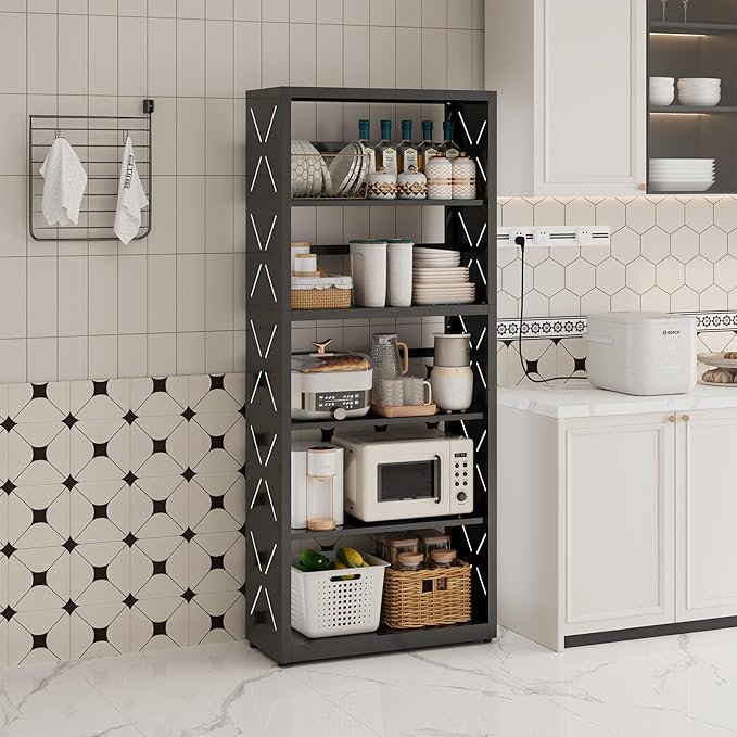 Industrial Bookshelf,5 Tier Bookcase,55" Black Metal Tall Bookshelf with Adjustable Feet and Adjustable Shelves,Home Office Bookcase Shelf Storage Organizer for Living Room、Kitchen