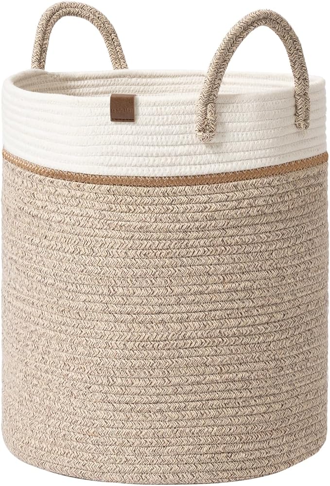 LA JOLIE MUSE Woven Basket Rope Storage Baskets - Tall Cotton Basket 16 x 14 x 14 Inches, Laundry Basket for Blanket, Kids Toy, Nursery Clothes Hamper Basket White & Desert