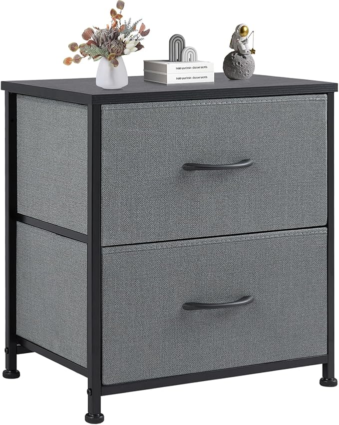 DUMOS Nightstand End Table with Dual Fabric Drawers Compact Bedside Storage for Bedroom Kids Room Closet Entryway College Dorm 20 Inch Tall Dresser,Grey