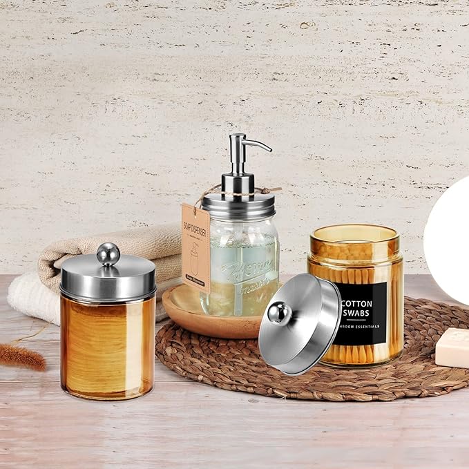Amolliar Amber Yellow Glass Apothecary Jar with Metal Lid & Cute Labels, Qtip Holder Dispenser Canister for Cotton Balls, Cotton Swabs, Makeup Pads, Countertop Bathroom Storage,1 Pack(Brushed Nickel)