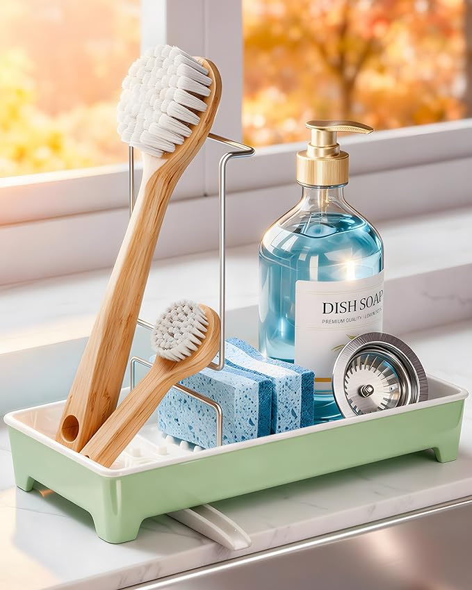 Ceramic-Look Sink Caddy, Rustproof Sponge Holder for Kitchen Sink with 304 Stainless-Steel Brush Holder, Countertop Rack Organizer with Raised Ridges & Silicone Drain Tube (Mint Green)