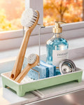 Ceramic-Look Sink Caddy, Rustproof Sponge Holder for Kitchen Sink with 304 Stainless-Steel Brush Holder, Countertop Rack Organizer with Raised Ridges & Silicone Drain Tube (Mint Green)