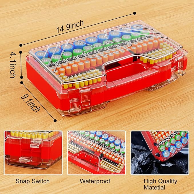 Battery Organizer Storage Holder Box Case with Tester, Stores & Protects Up to 285+ Batteries, Double-Sided and Durable Design,Holds AA AAA 4A C D Cell 9V 3V Lithium LR44 CR2 CR123 (Red)