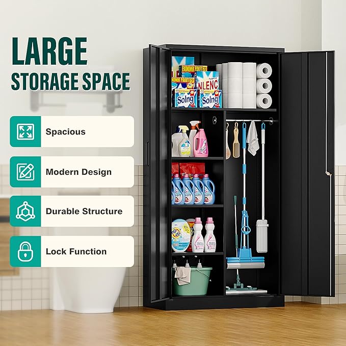 Wide & Deep Metal Storage Cabinet with Hanging Rod,Black Broom Closet Storage Cabinet with Lock,72" Tall Wardrobe Cabinets with Doors and Shelves,Locking Steel Tool Cabinets for Home,Office,Garage