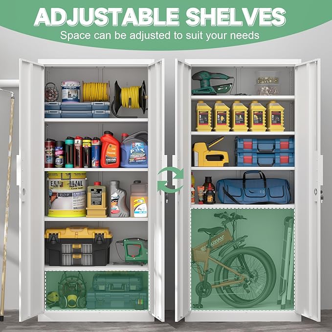 Metal Locking Cabinet, 71" H Metal Garage Cabinets with Adjustable Shelves, Heavy Duty Tall Cabinet for School/Office/Home, Large Storage Cabinet with Doors and Keys, White
