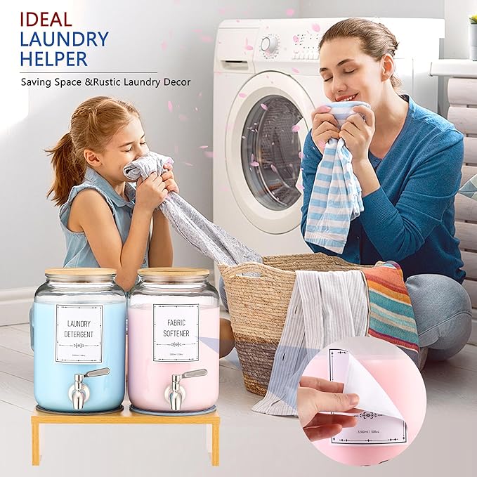 Laundry Detergent Dispenser. 0.9 Gallon Glass Laundry Soap Liquid Laundry Detergent Dispense. Fabric Softener Dispenser With Stand and Bamboo Lid. Laundry Room Organization and Storage