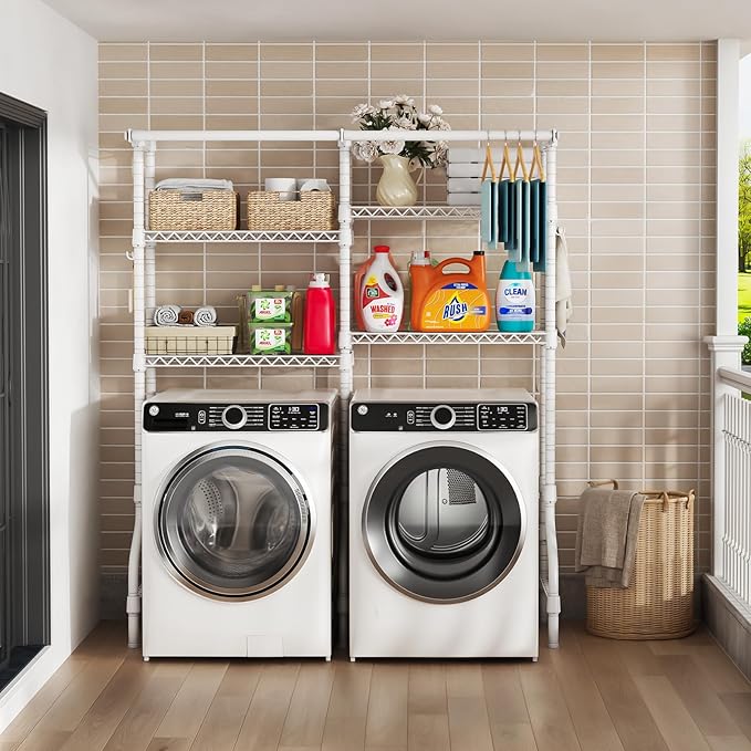 U14 Medium Over the Washer and Dryer Shelves, 4 Tiers Laundry Room Storage and Organizer System, Space Saving Clothes Drying Rack with 2 Clothes Hanger Rods, 57.8"W x 20.5"D x 77.4"H, White