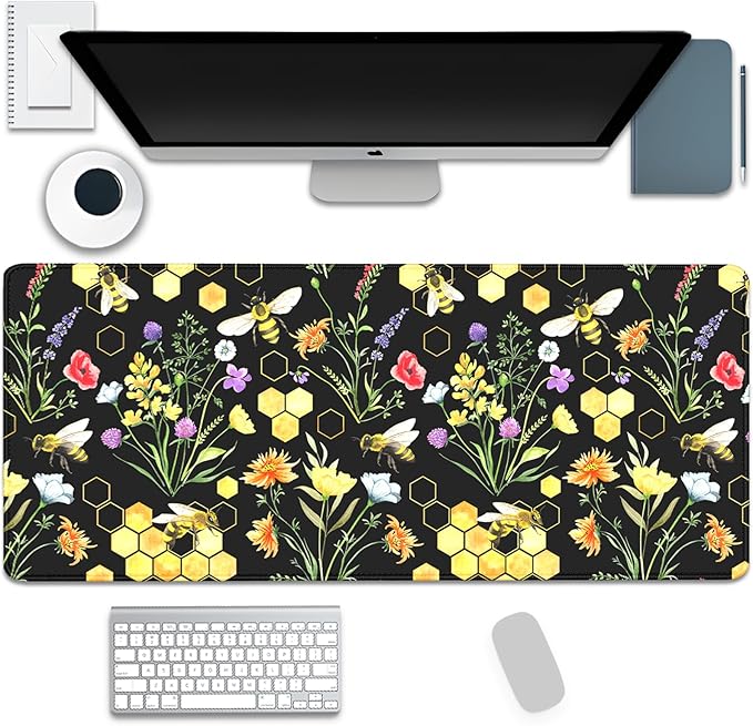 Bees and Honeycombs Mouse Pad,XL Large Wildflowers Mousepad Desk Pad with Stitched Edges,Non-Slip Waterproof Rubber Base Mouse Mat Desk Mat for Office Computer Keyboard Laptop Home(27.5x11.8 in)