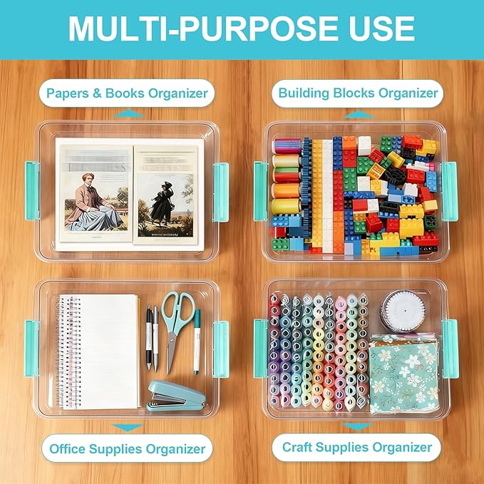 6 Qt Clear Plastic Storage Bins Containers with Lids, Arts Crafts Organizers and Storage, Stackable Containers for A4 Paper File Scrapbook Documents for Home Office and School Supplies 2 Pack