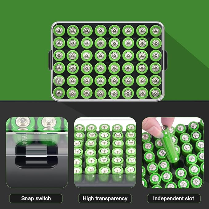 ALCYON Battery Organizer Storage Case, Battery Vault Box Container for 48pcs AA Batteries, Plastic Clear Protective Battery Holder for Travelling/Home/Office (Black, Large)