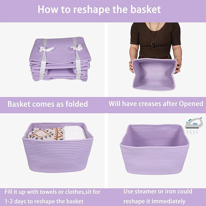 Cotton Rope storage Basket Bins Woven Basket for Organizing Shelves 15X10X9.3" Rectangle Decorative Baskets For storage Clothes Toys Books Towels Nursery basket organizer 3 pack purple or lavender