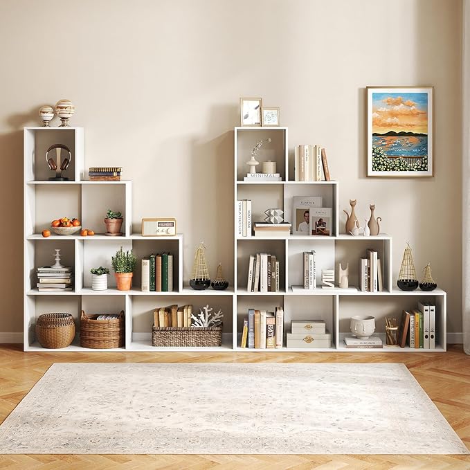 Tangkula 4-Tier Stepped Bookshelf, Freestanding 6 Cubes Ladder Bookcase with Anti-Tipping Kits, 64" Tall Modern Wooden Storage Display Rack for Home Office Living Room Study (1, White)