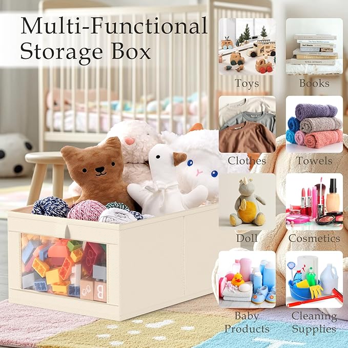 Criusia Closet Organizers and Storage, 4 Pack Linen Closet Baskets with Mesh Window for Organization, Foldable Closet Organizer for Clothing, Towels, Toys, Nursery, Books, Shelves, Beige