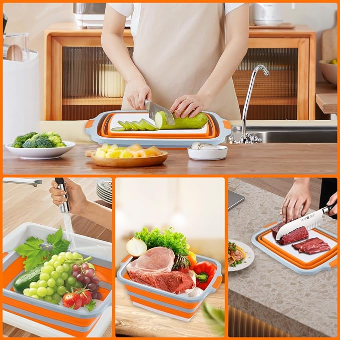 Collapsible BBQ Prep Tub with Cutting Board - 7.95 Gal/30L Food-Grade Container - BPA-Free, Space-Saving w/Lid & Drain Hole - for Grilling, Camping, Offset Smoker (Orange)